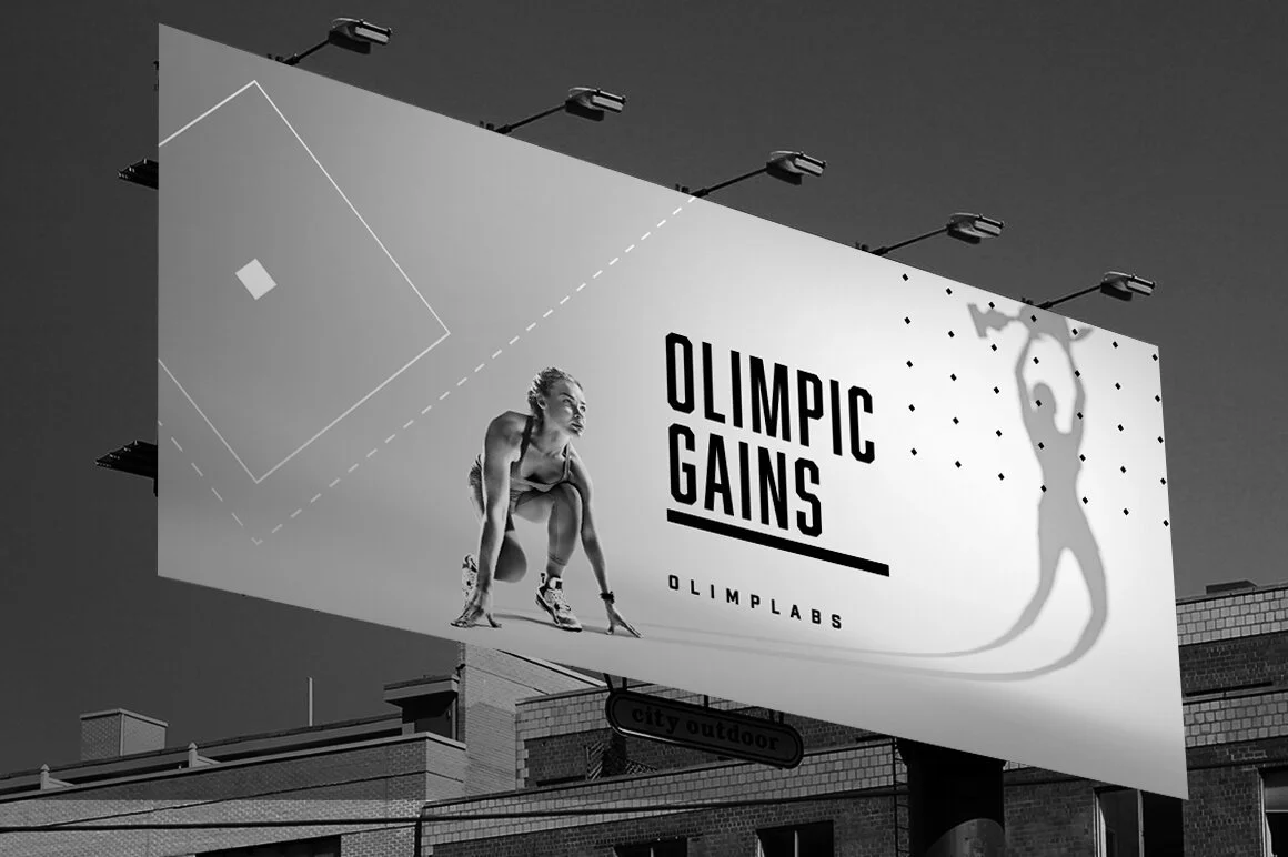 Black and white outdoor billboard promoting Olympic gains, featuring an athlete in a starting crouch and a silhouette of a runner with a baton, with the text 'OLYMPIC GAINS' and 'OLIMPLABS'.