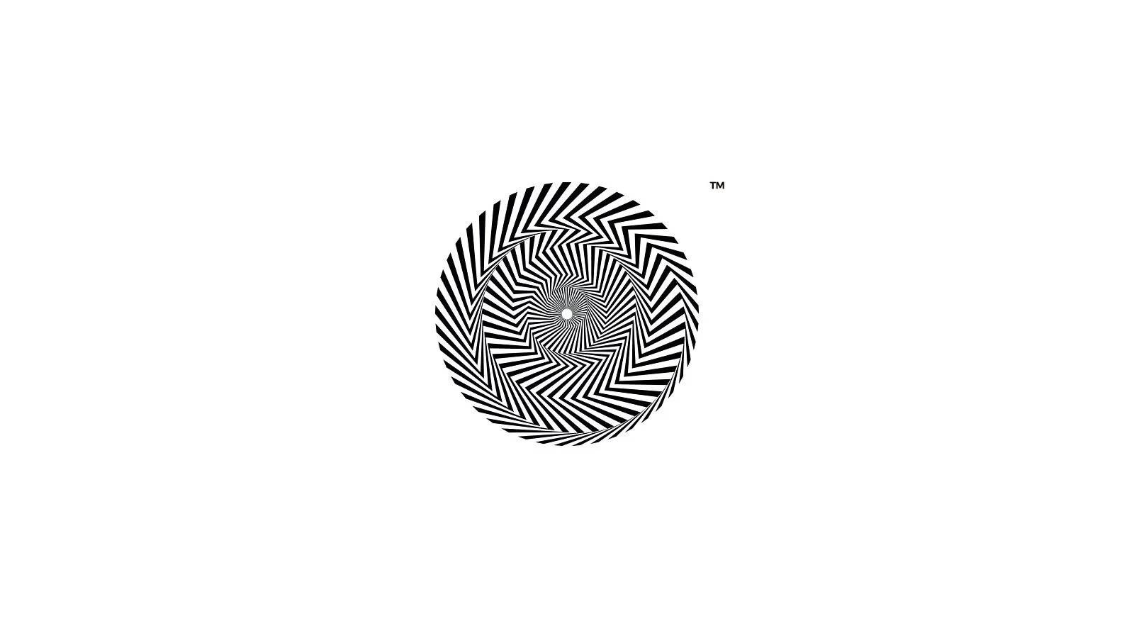 A black and white optical illusion spiral pattern creating a hypnotic effect, with the logo and trademark symbol near the upper right