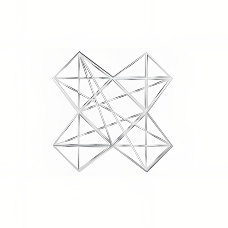 A geometric sculpture made of interlocking silver metal rods, forming abstract shapes and triangles.