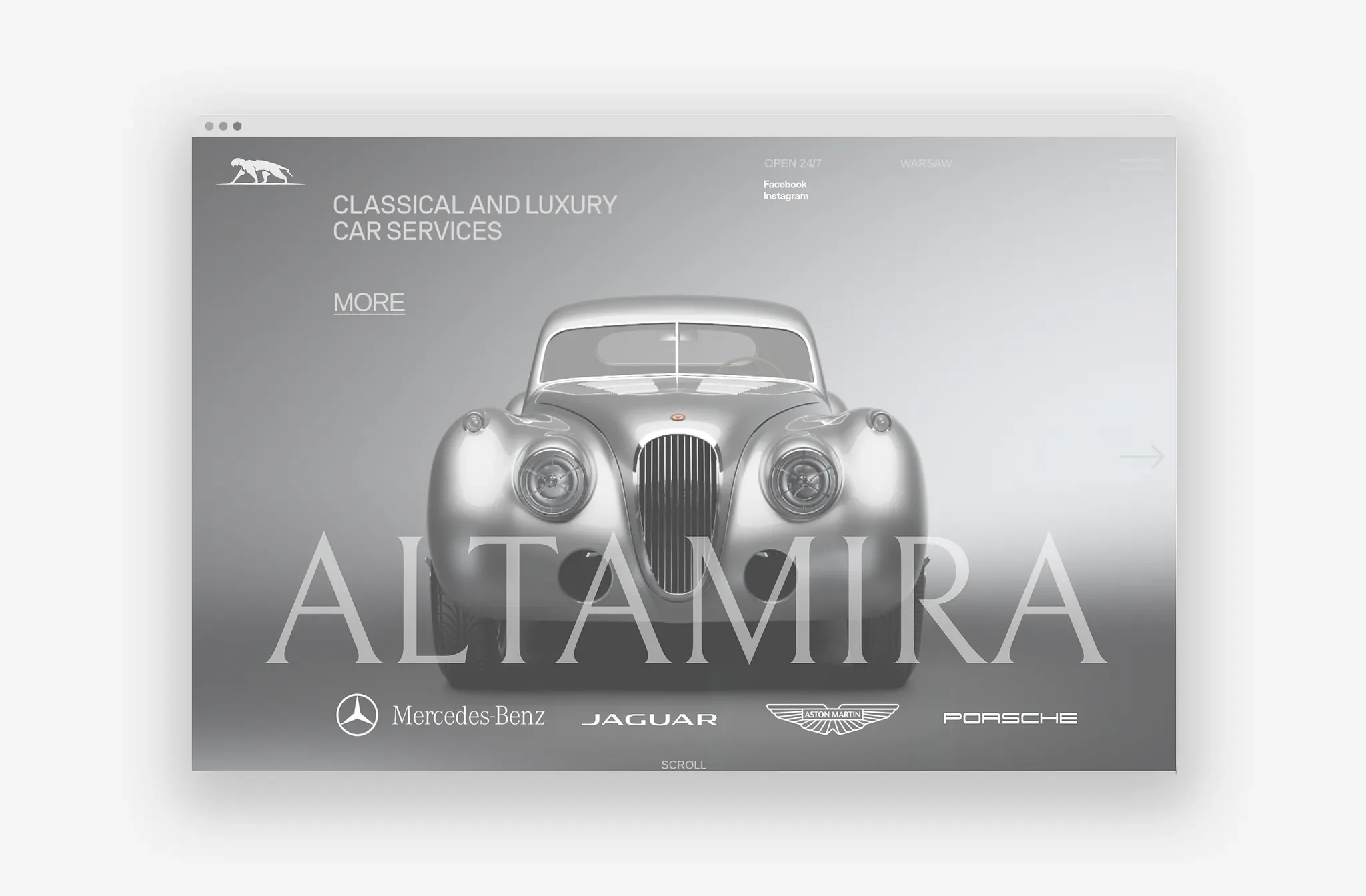 Website screenshot of a luxury car service page with a vintage silver car, the words "Classical and Luxury Car Services," and logos of Mercedes-Benz, Jaguar, Aston Martin, and Porsche.
