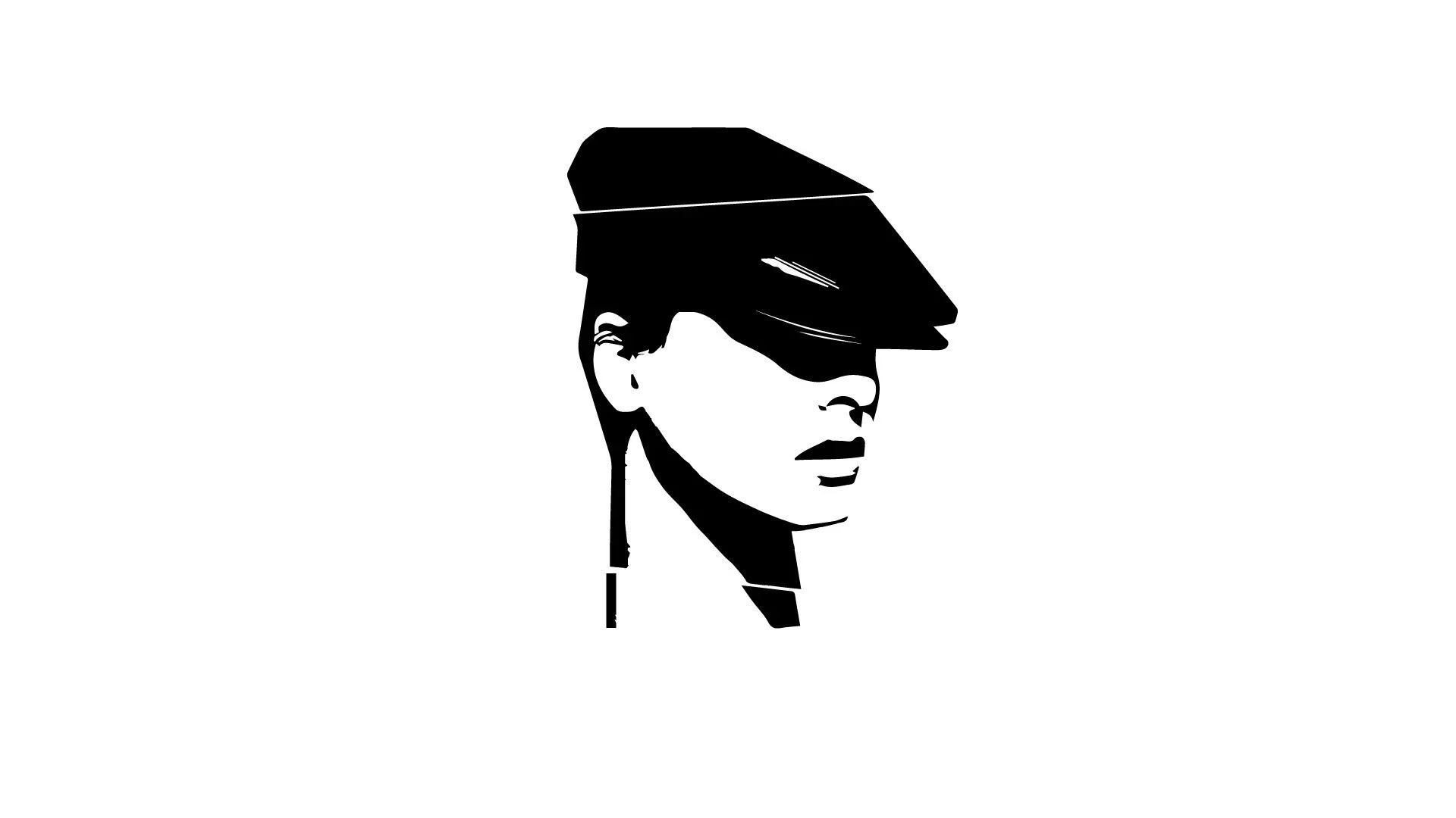 Black and white digital illustration of a woman with a large hat, facing slightly to the right.