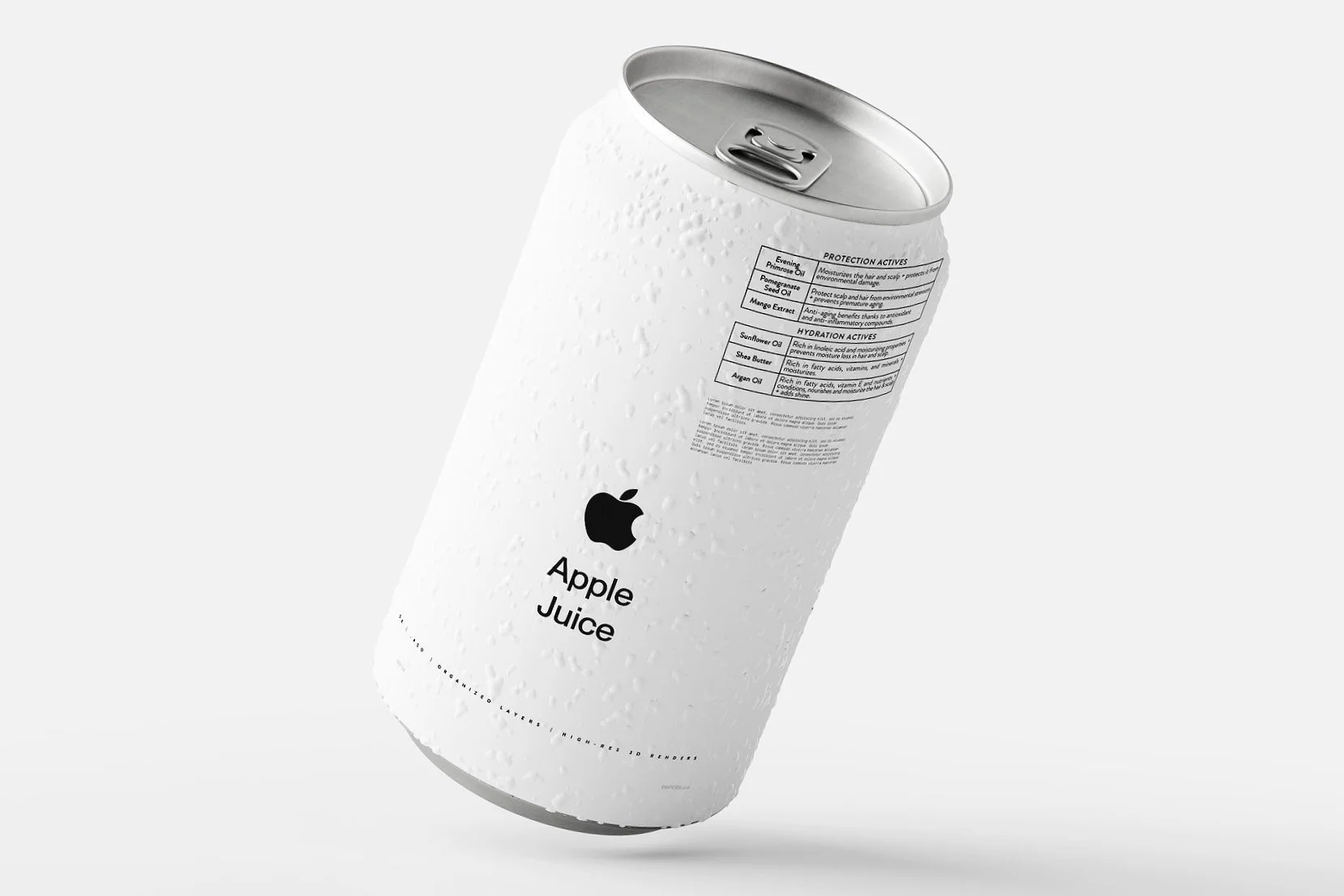 A white aluminum can of apple juice with condensation drops and black text and logo.