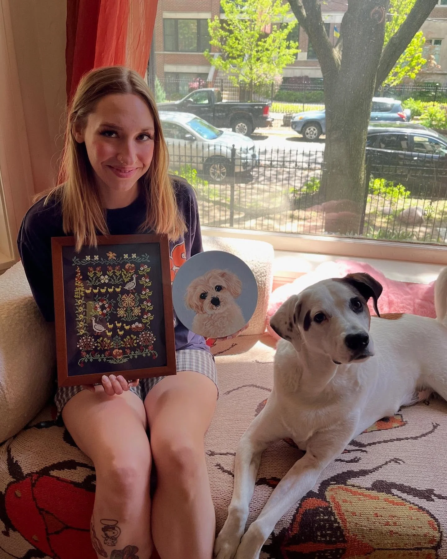🥹 I&rsquo;ve been dying to share these! My dear friend is about to have her first baby any day now, and I was able to pull off a couple surprises just in time: a portrait of her 🐶 baby (Callie) and a needlepoint for the nursery. 🪺🐣🩵