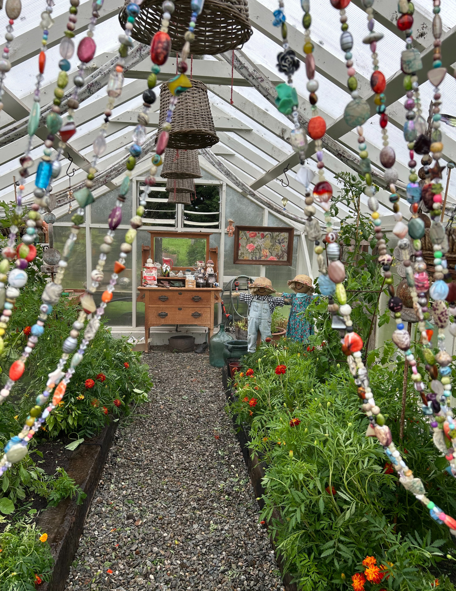 Greenhouse, vegetable garden, bead curtains, garden art, vintage garden style, unique garden, whimsical garden, character garden, arty garden, scarecrows, companion planting, healthy garden, organic garden, spray free garden, grow your own, home