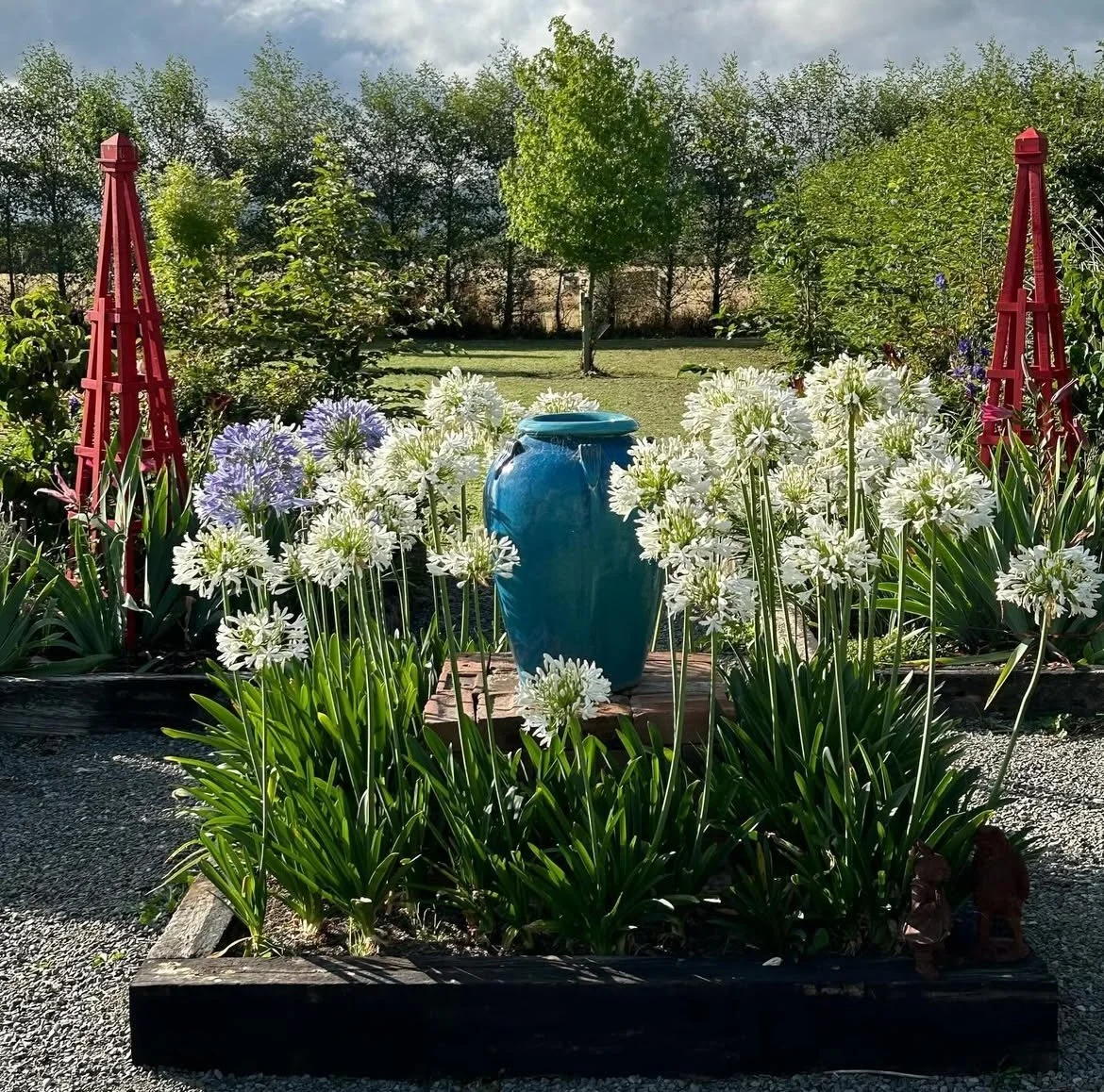 Agapanthus, a feature pot, feature red obelisks to add height, and a Liquidambar Worplesdon in the distance (with Alder hedge in the background)