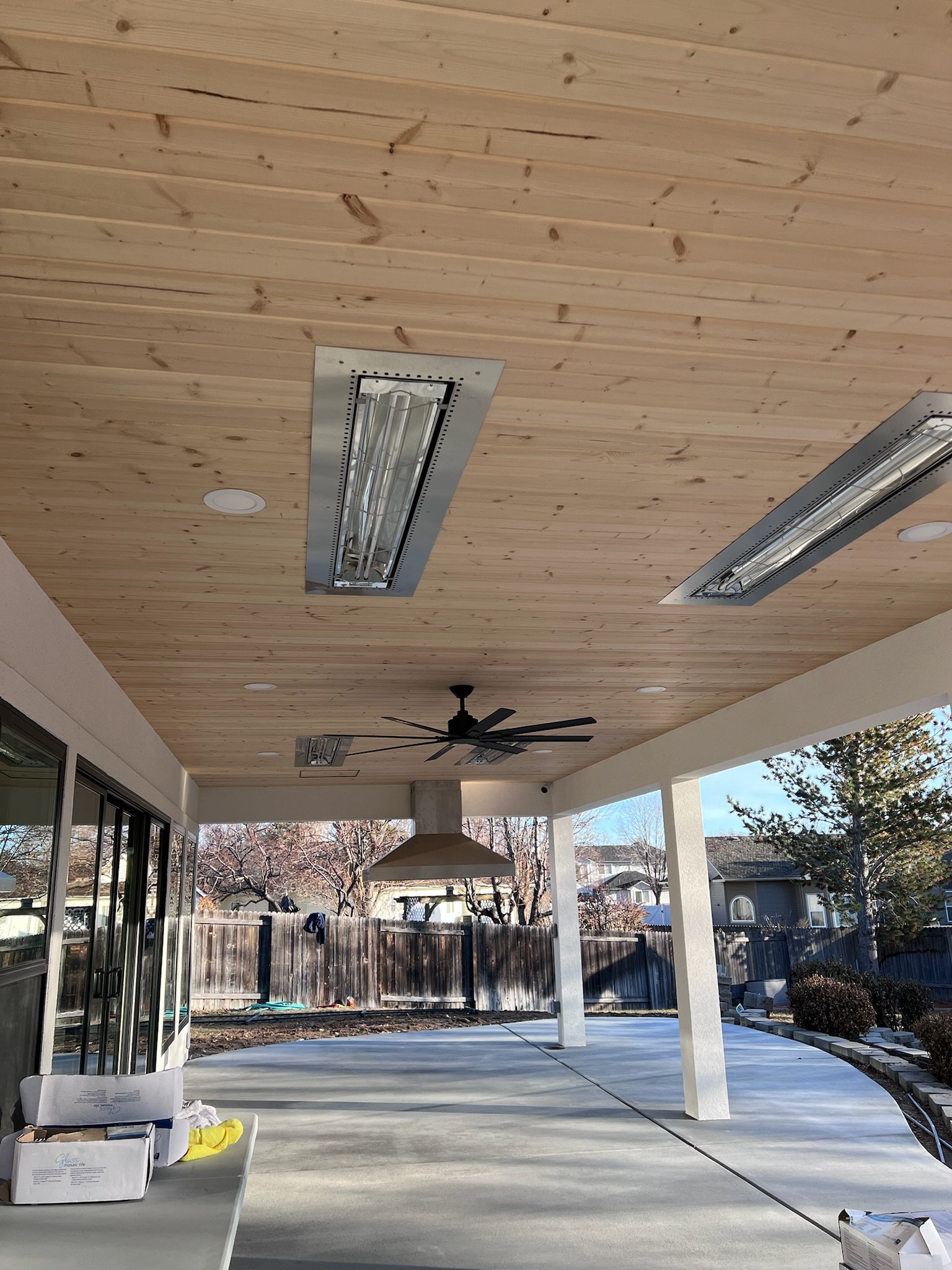 Exterior Tongue and Groove Patio Cover with Heat Lamps