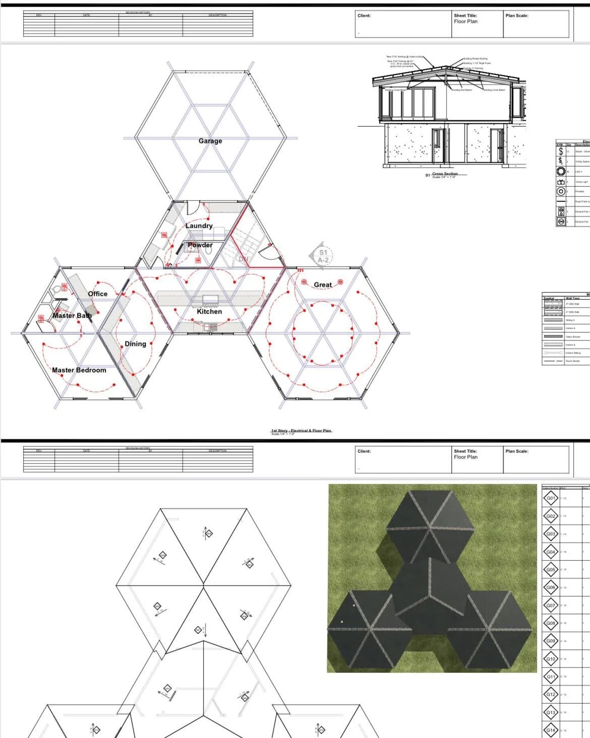 Construction site showing the wooden framework of a building roof under a cloudy sky, with distant fields and power lines in the background.