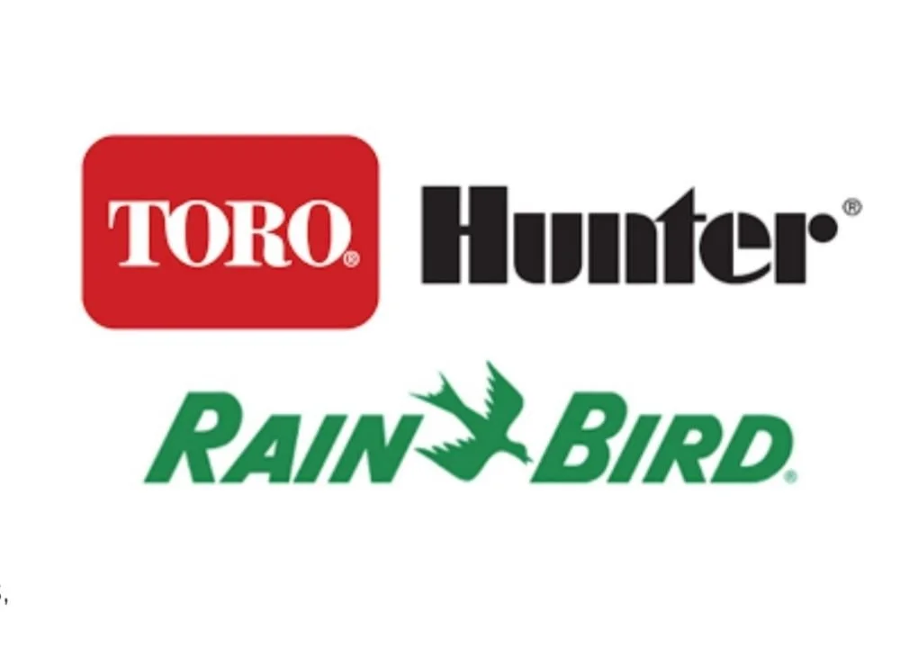 Logos of brands Toro, Hunter, and Rain Bird on a white background.