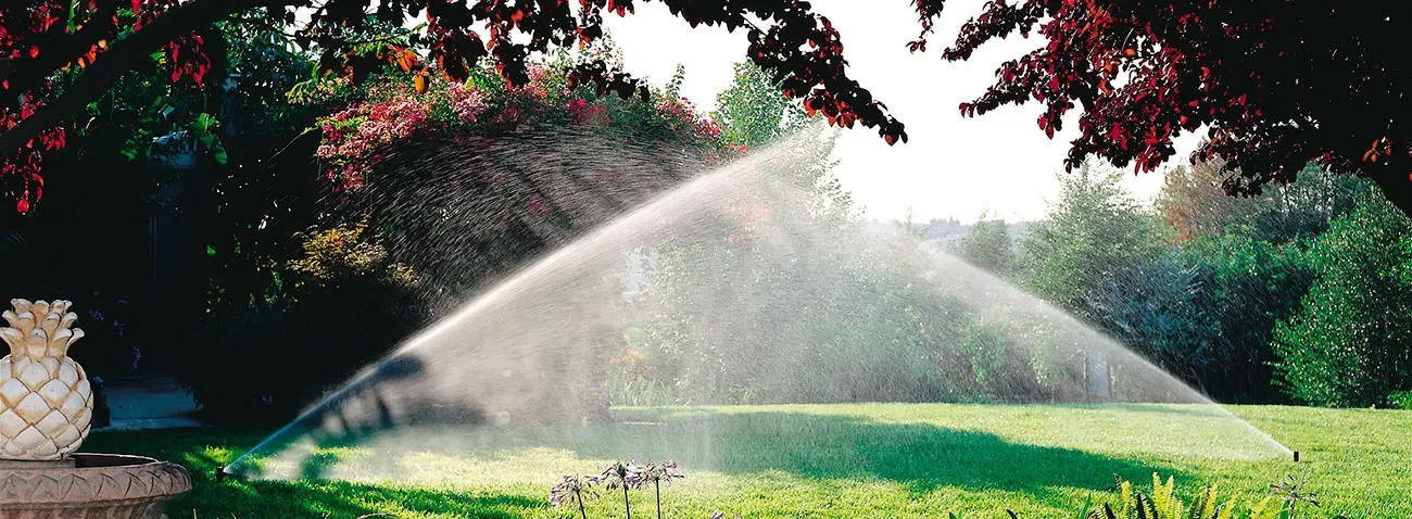 A garden with sprinklers watering the grass, surrounded by colorful flowering bushes and trees under a bright sky.