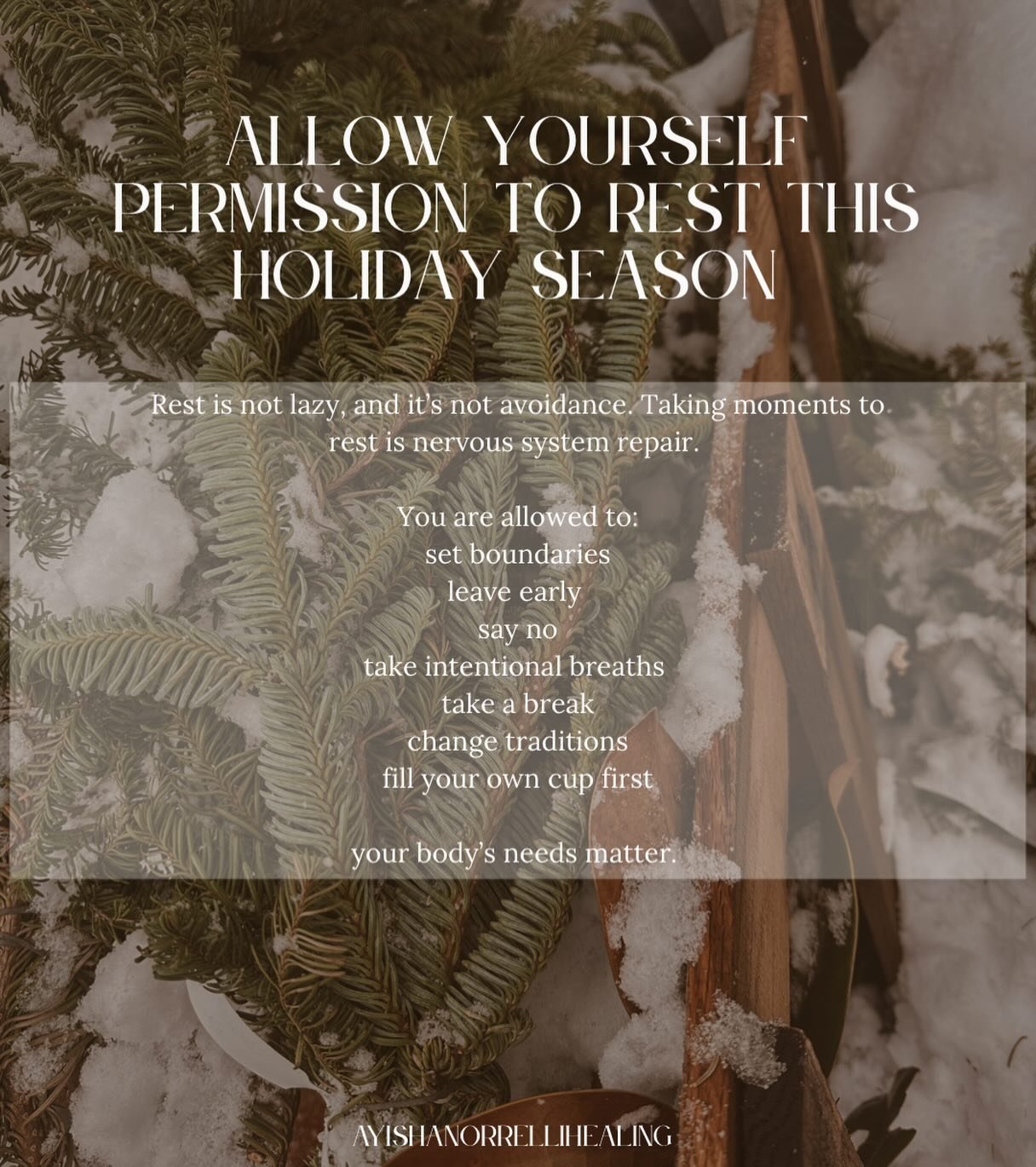 In the season of giving, you are allowed to prioritize your peace. Filling your cup is equally as important as filling others. Taking intentional moments to rest everyday. ✨

#somatichealing 
#nervousysstemreset 
#holidaynervoussystem 
#gentlehealing