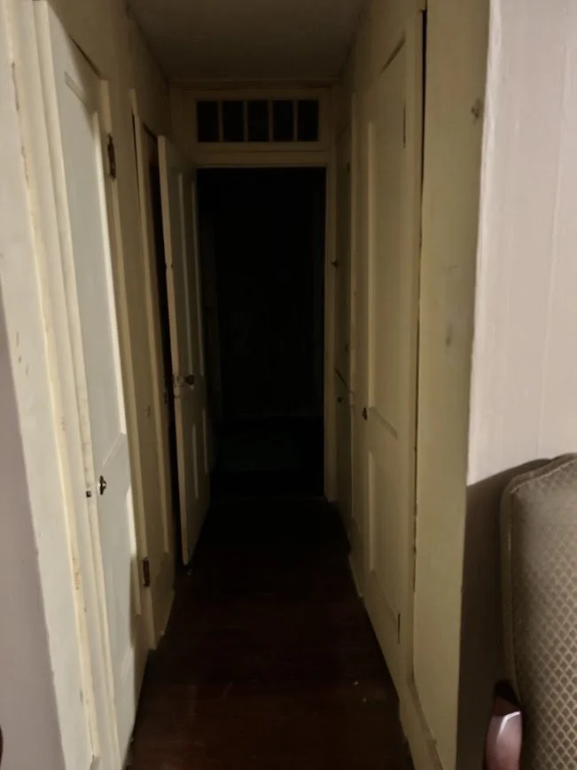 A narrow hallway with closed doors on both sides leading into a dark room at the end.