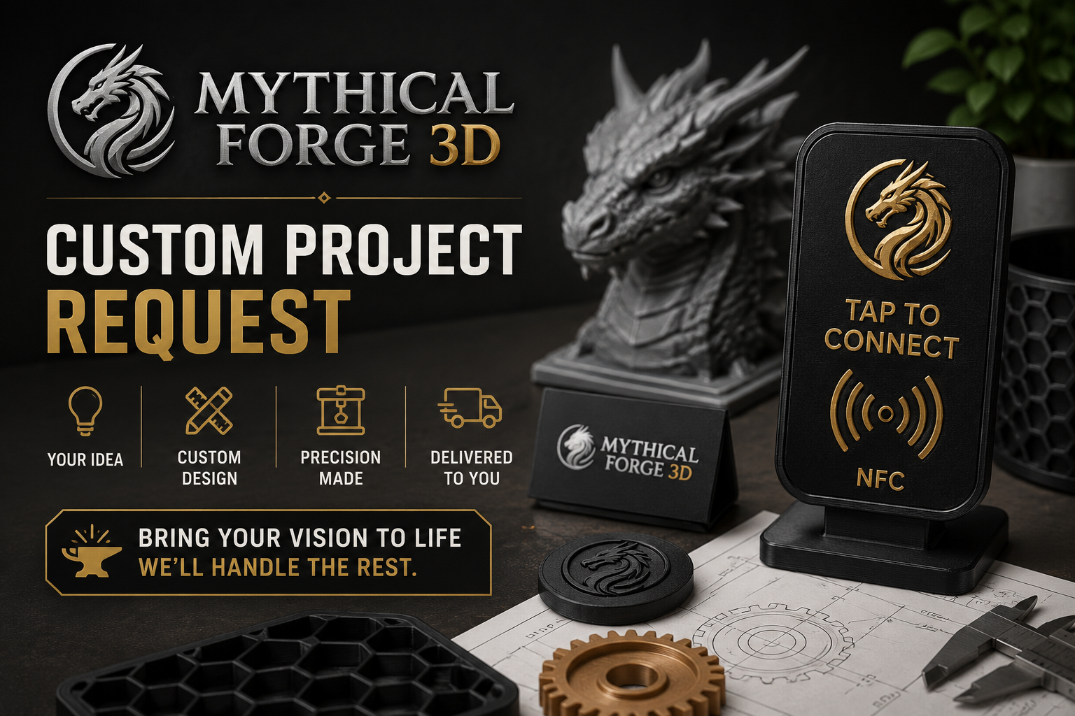 Product display for Mythical Forge 3D, showcasing custom designed mechanical parts, a NFC tap-to-connect device, a dragon head model, and engineering blueprints.