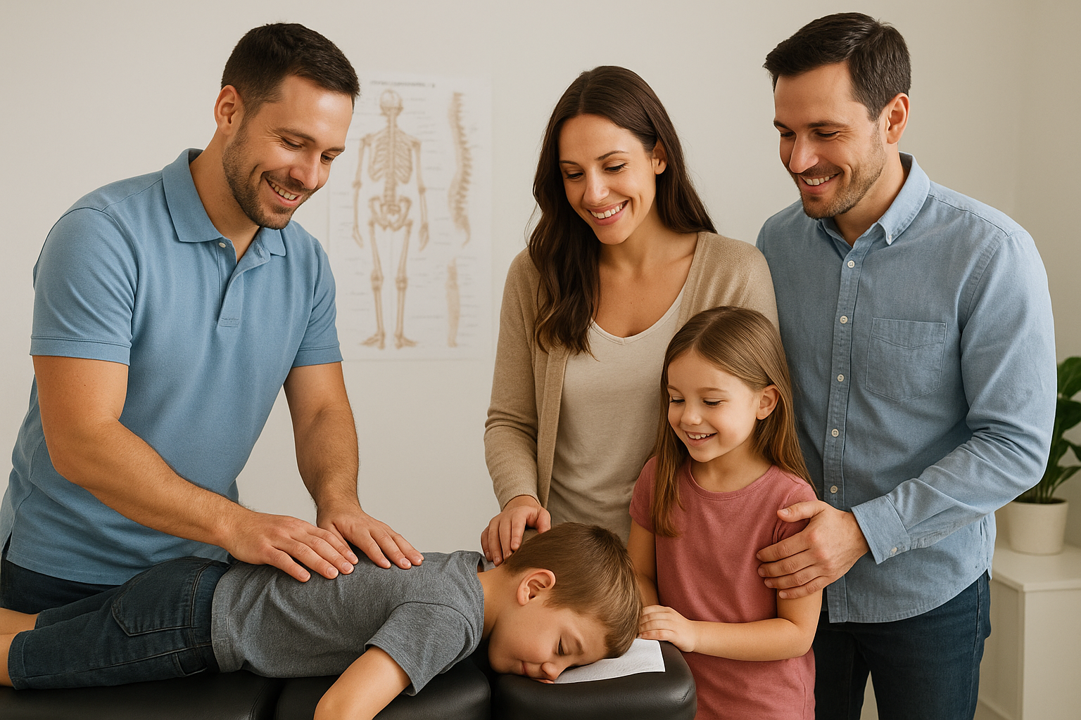 A family watching a boy lie face down and receive spinal manipulation from a chiropractor in a clinic. The family is smiling and supporting the boy.