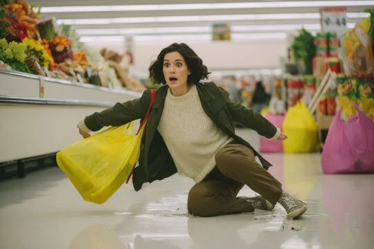 A woman kneels on the grocery store floor with a surprised expression, holding yellow shopping bags with flowers around her.