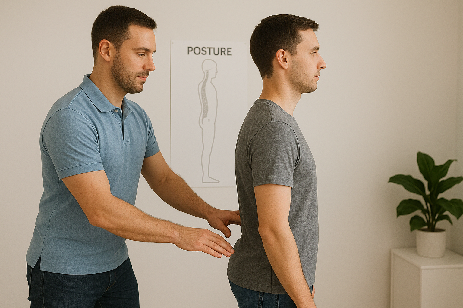 A healthcare professional conducting a posture assessment with a patient in a clinical setting, with a poster showing proper posture on the wall and a potted plant on a nearby table.