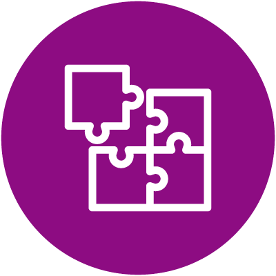 Icon of four interconnected puzzle pieces inside a purple circle.