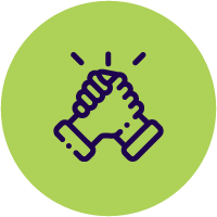 Two hands clenching each other in a handshake, symbolizing teamwork or agreement, with a green circular background.