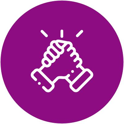 Two hands shaking with motion lines on a purple background.