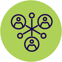 Icon of a network with four people connected by lines on a green background.