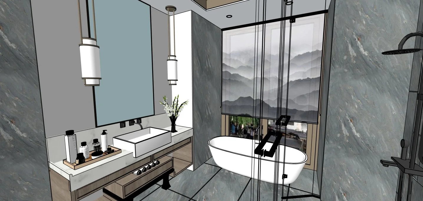 A modern bathroom with a large window featuring mountain scenery, a freestanding bathtub, a vanity with a sink, and decorative items such as a vase with flowers and bottles, with sleek lighting fixtures and marble walls.