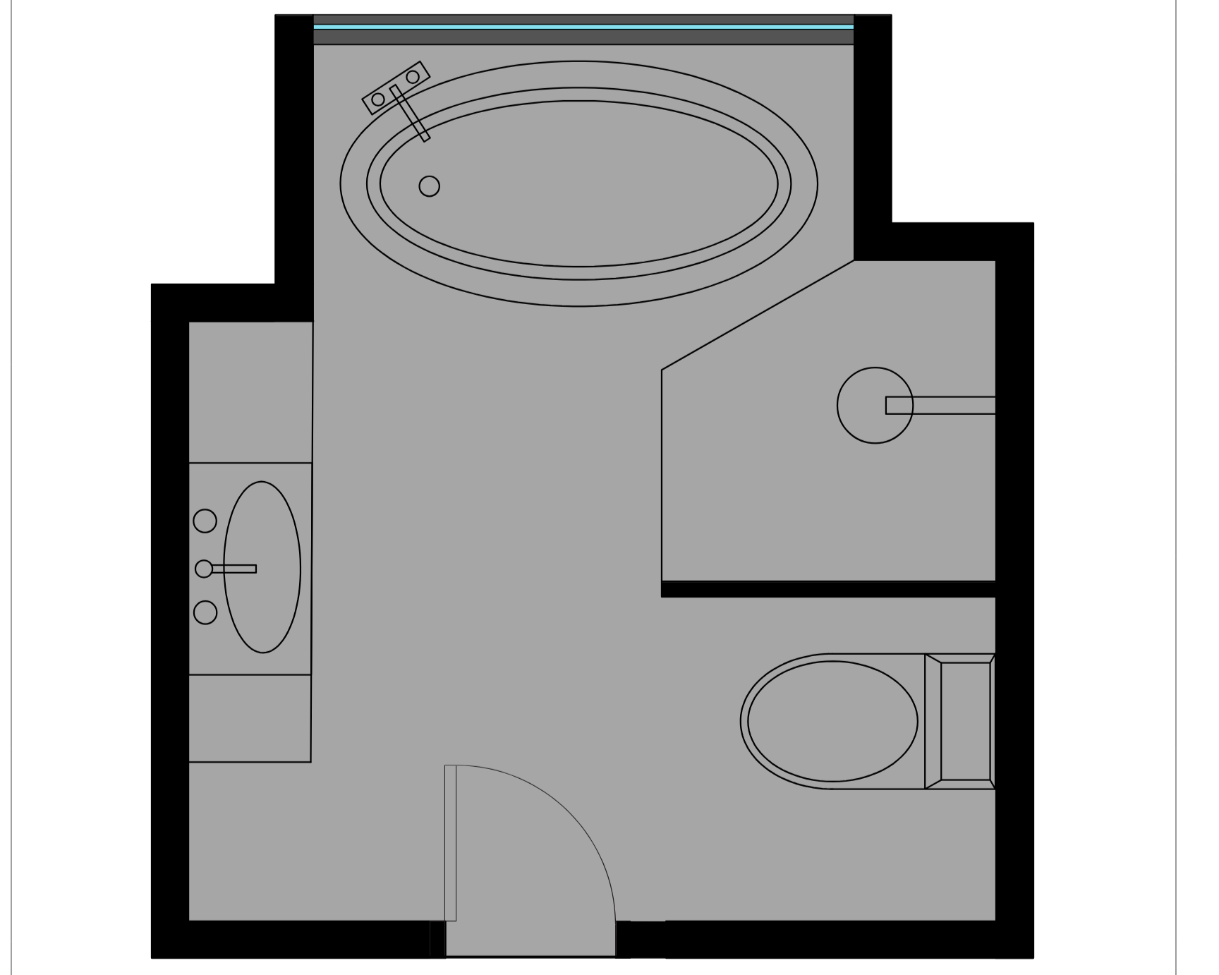 Floor plan of a bathroom with a bathtub, toilet, sink, and a small room.