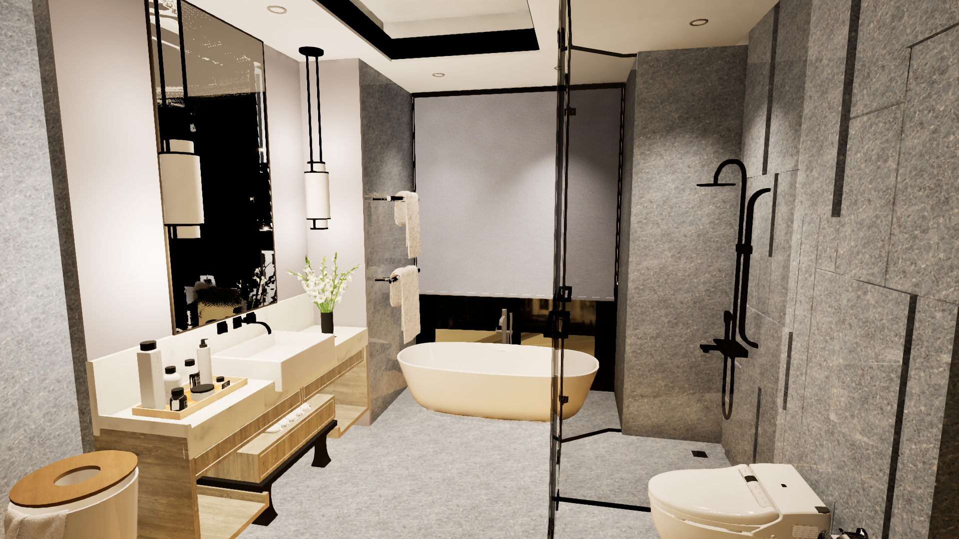 Modern bathroom with bathtub, glass shower, white sink with toiletries, black faucet, mirror, towels, potted plant, and beige toilet, with gray tiled walls and ceiling lights.