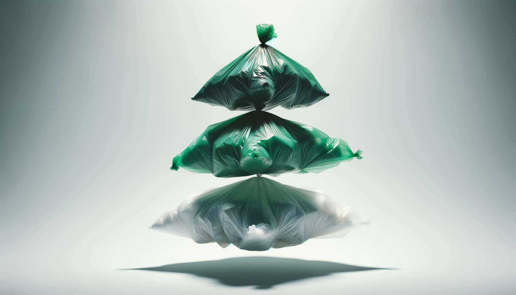 Three plastic bags filled with unknown contents are suspended in the air, casting shadows below on a plain background.