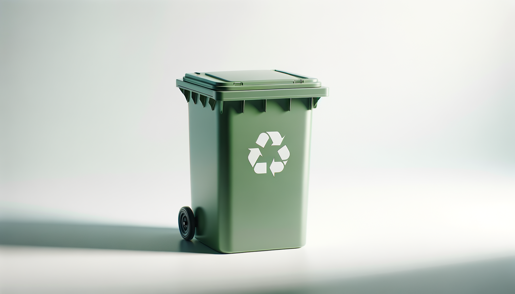 Green recycling trash bin with a recycling symbol on the front, set against a plain background.