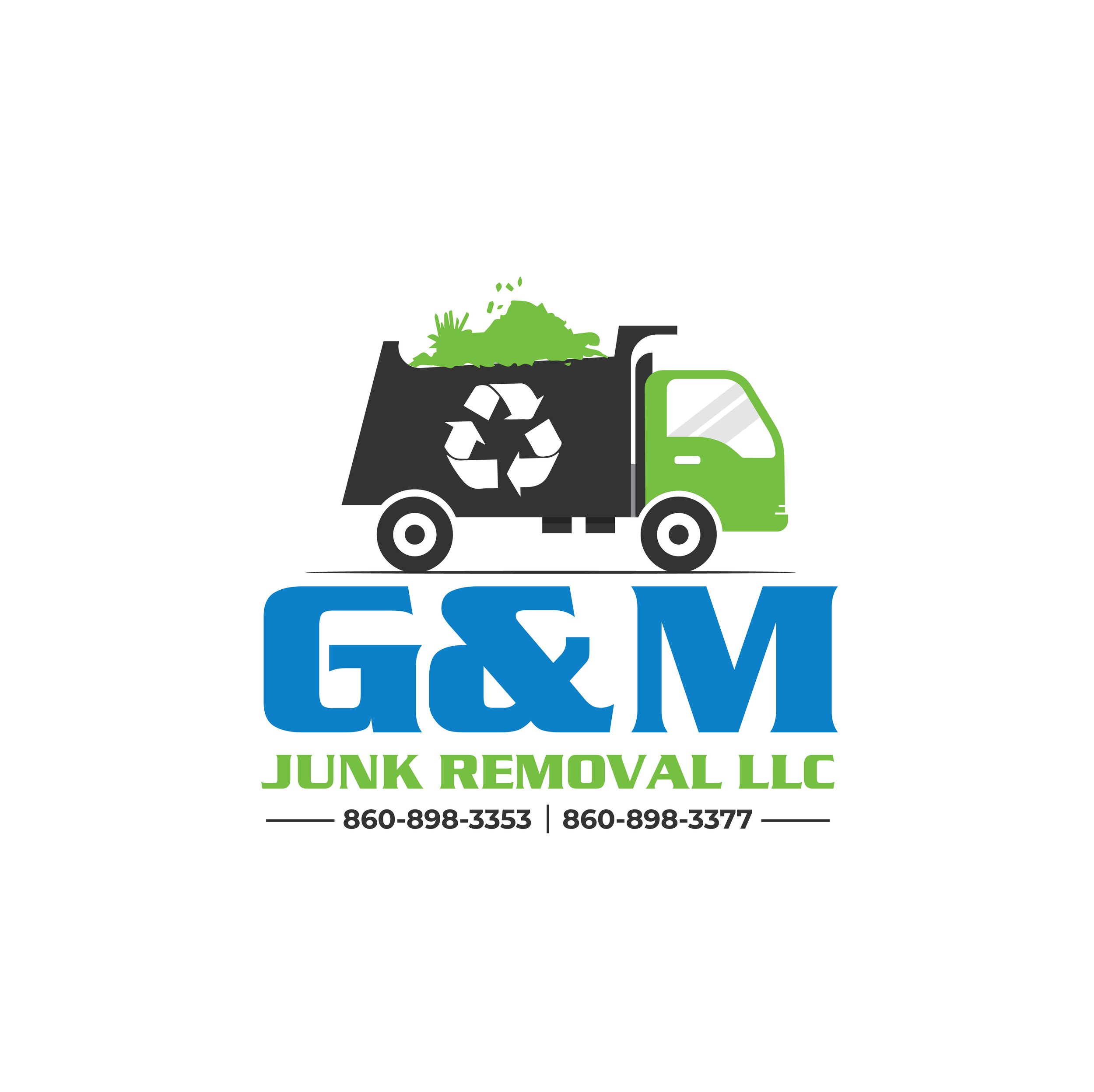 Logo for G&M Junk Removal LLC featuring a green and black trash truck with a recycling symbol on the side, and the company name in bold blue and green text, along with contact phone numbers.