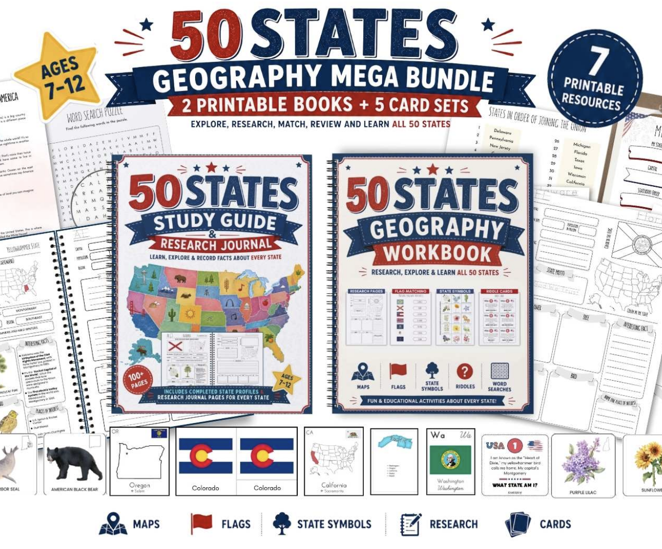 Packaging for a geography mega bundle featuring 50 states study guide and research journal, and 50 states worksheet, with colorful maps, flags, state symbols, riddle cards, and word search puzzles, designed for children ages 7-12.