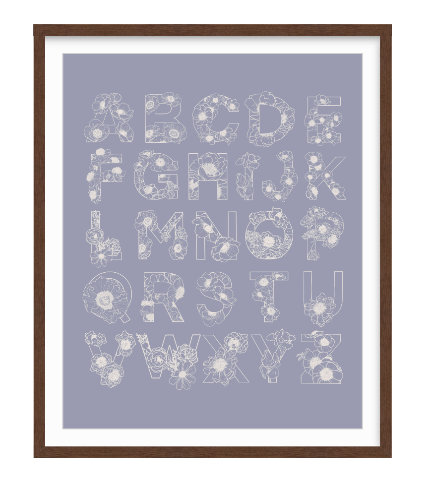 Blooming Alphabet Ivory & Blue in Framebridge Walnut Frame.png