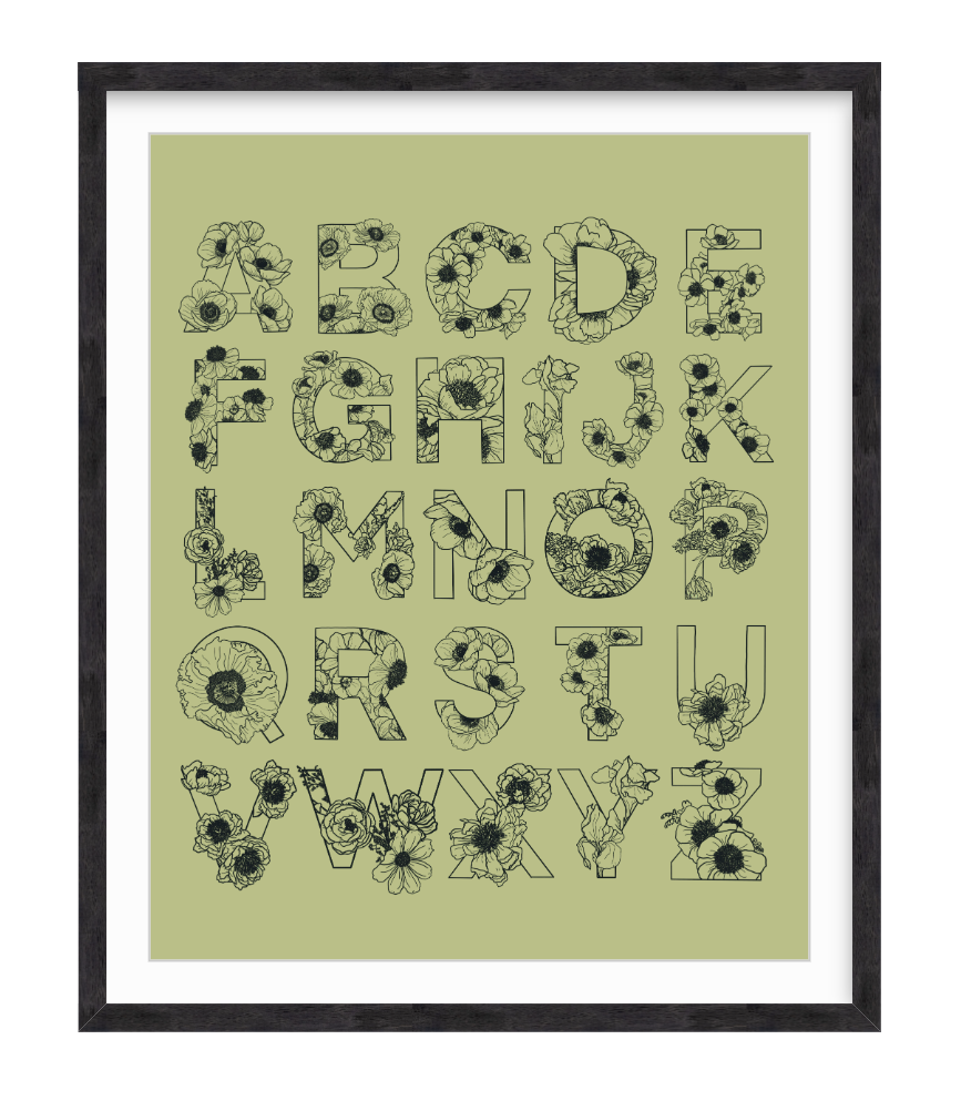 Blooming Alphabet Charcoal & Green Framebridge Black Walnut Frame.png