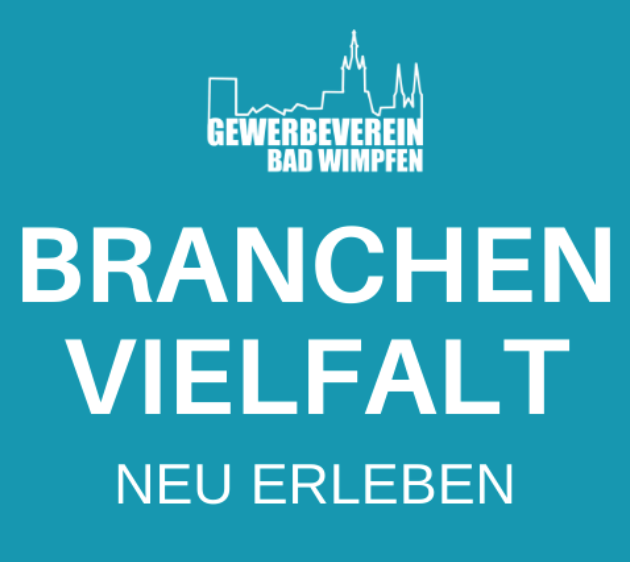 Logo des Gewerbevereins Bad Wimpfen mit Schriftzug "Branchen Vielfalt Neu Erleben" auf blauem Hintergrund.