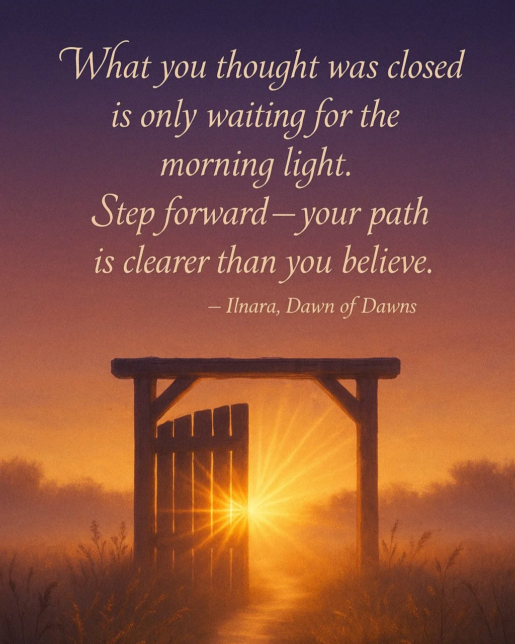 The Path Opens

🌅&ldquo;What you thought was closed is only waiting for the morning light. Step forward&mdash;your path is clearer than you believe.&rdquo;

&ndash;Ilnara, Dawn of Dawns

#DailyDawnMessage #MorningLight #NewBeginnings #SacredDawn #Ri