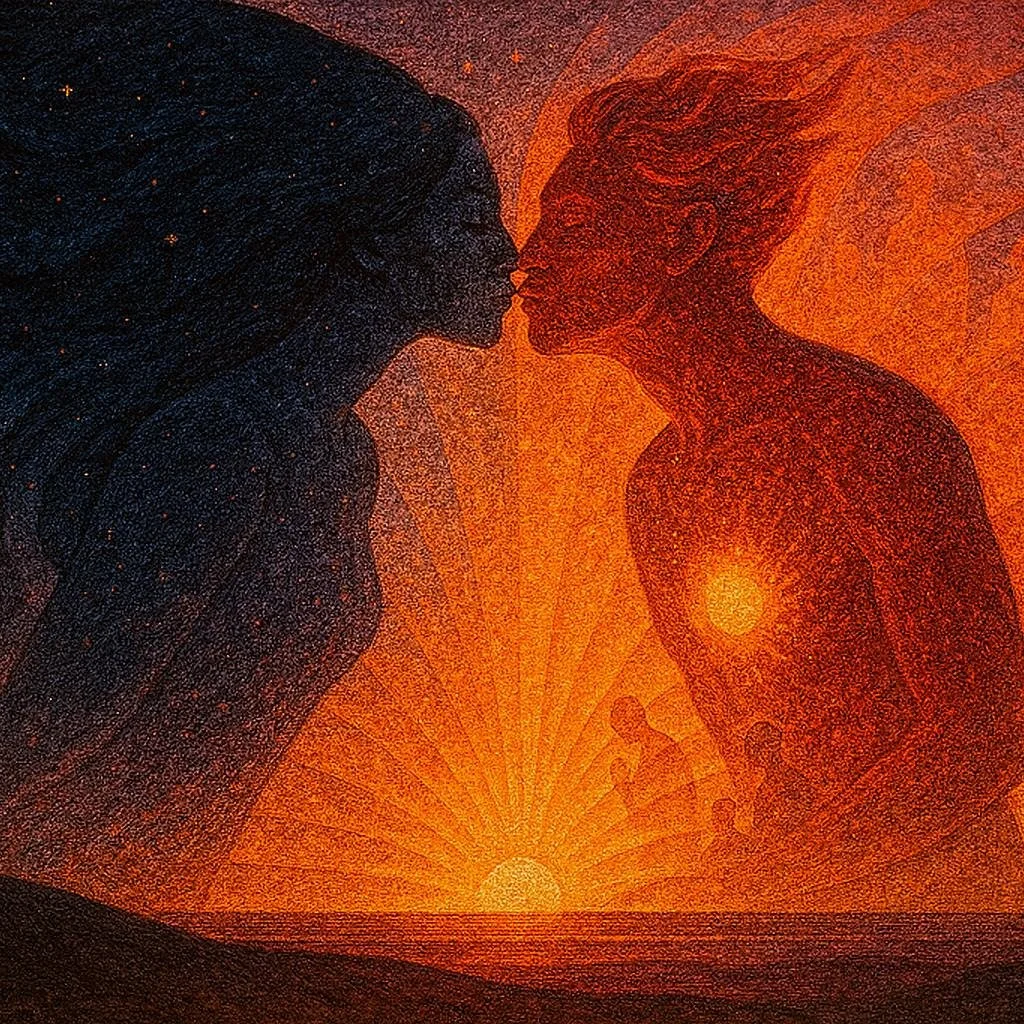 &quot;At the edge of the horizon, Night and Fire lean toward one another. She, the Mother of Night, veiled in stars and infinite silence. He, the Father of Fire, radiant with embers, carrying the golden seed of light.

When their lips meet, the sky b