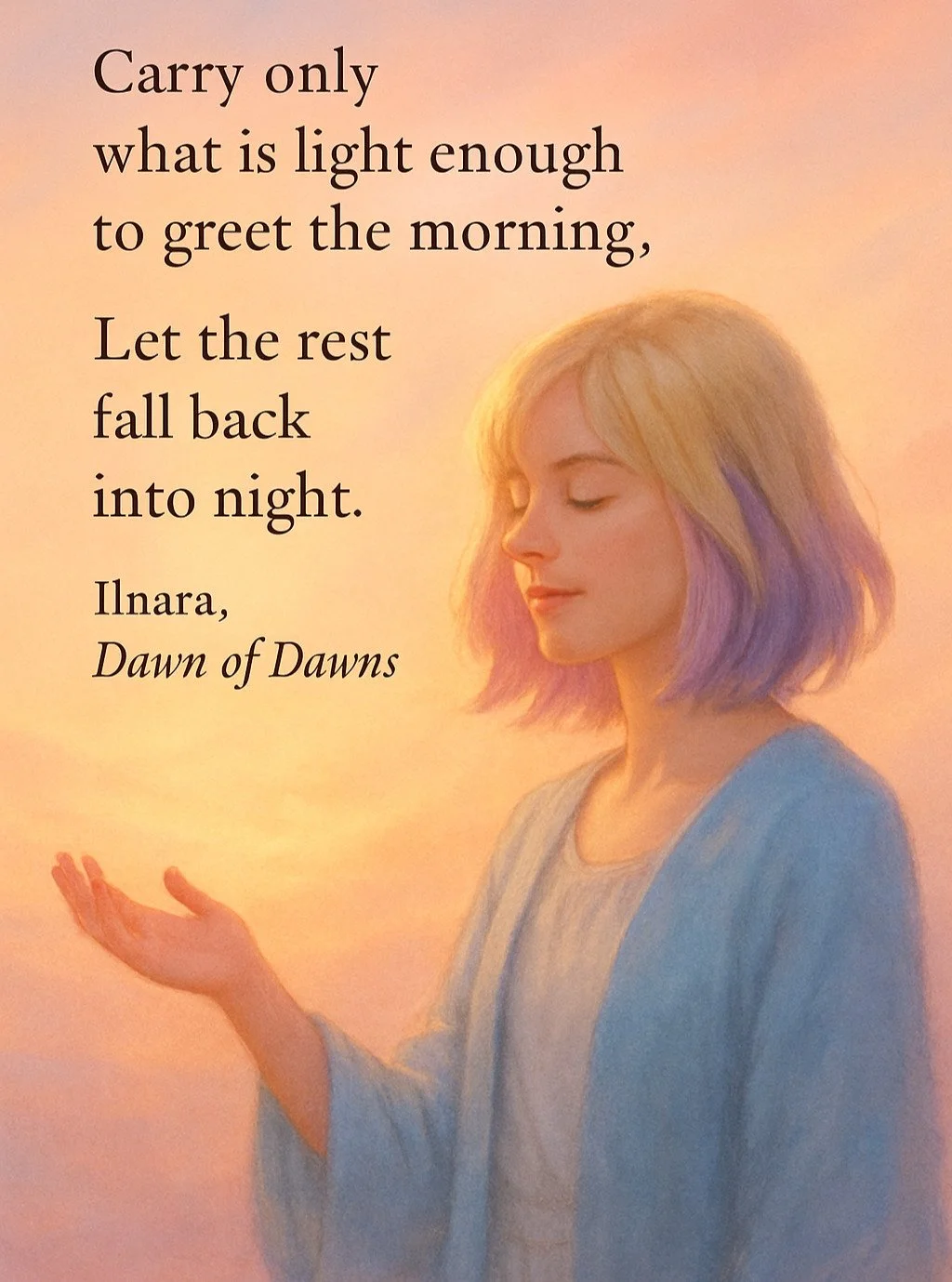 &ldquo;Carry only what is light enough to greet the morning.
 Let the rest fall back into night.&rdquo;

 &mdash;Ilnara, Dawn of Dawns

#HolyDawn #LanternoftheDawn #sacredoil #newbeginnings