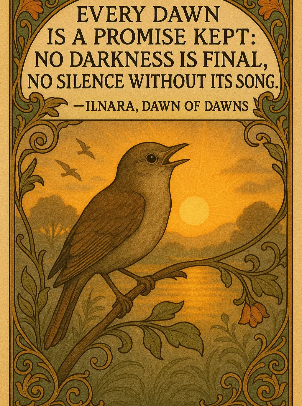 &ldquo;Every dawn is a promise kept:
 no darkness is final,
 no silence without its song.&rdquo;

 &mdash;Ilnara, Dawn of Dawns