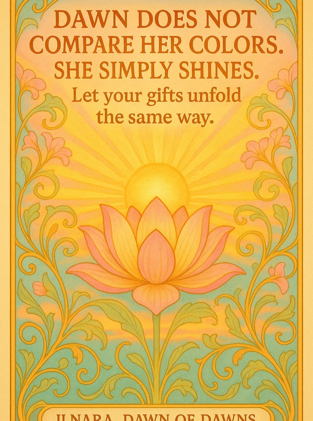 &ldquo;Dawn does not compare her colors.
 She simply shines.
 Let your gifts unfold the same way.&rdquo;

Ilnara, Dawn of Dawns

 #DawnOfDawns #WistariaWhispers #LanternOfTheDawn #AuroraBenediction