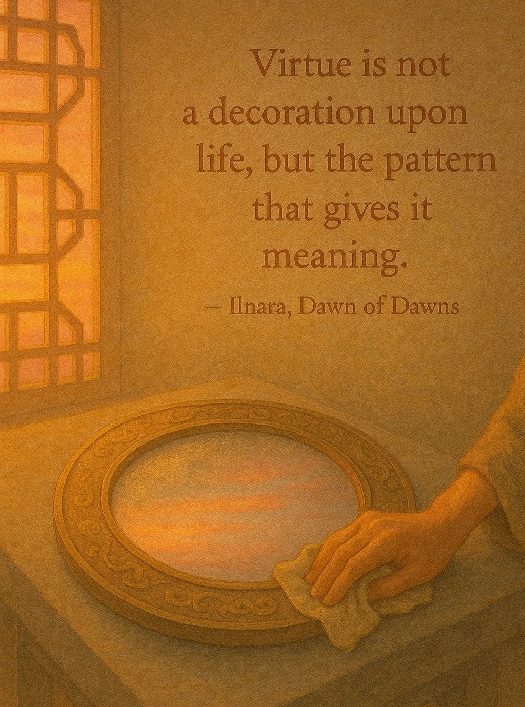 Let the day become your calligraphy of virtue.

Practice: Perform one act of unseen goodness &mdash; let no one witness but Heaven.
 
Symbol: The written character 德 &mdash; de, the inner pattern of virtue.
 
Virtue: Righteousness with humility.

Man