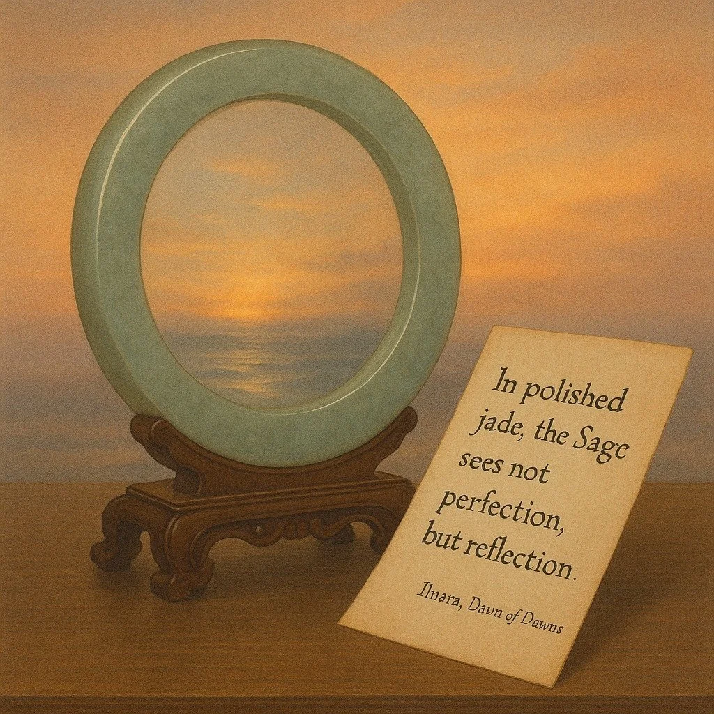 Reflect on your week &mdash; each brushstroke of virtue, each ripple of error.

Practice: Polish your inner mirror through gentle review, not judgment.

Symbol: Polished Jade Mirror &mdash; clarity born of patience.

Virtue: Wisdom through reflection