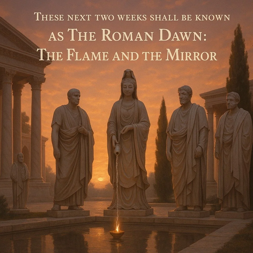 I am excited to bring you this upcoming series. From left to right, beginning with the smaller figure at the edge of the courtyard:

Epictetus &mdash; the humble Stoic teacher, once enslaved yet master of inner freedom &mdash; the smallest figure, sy