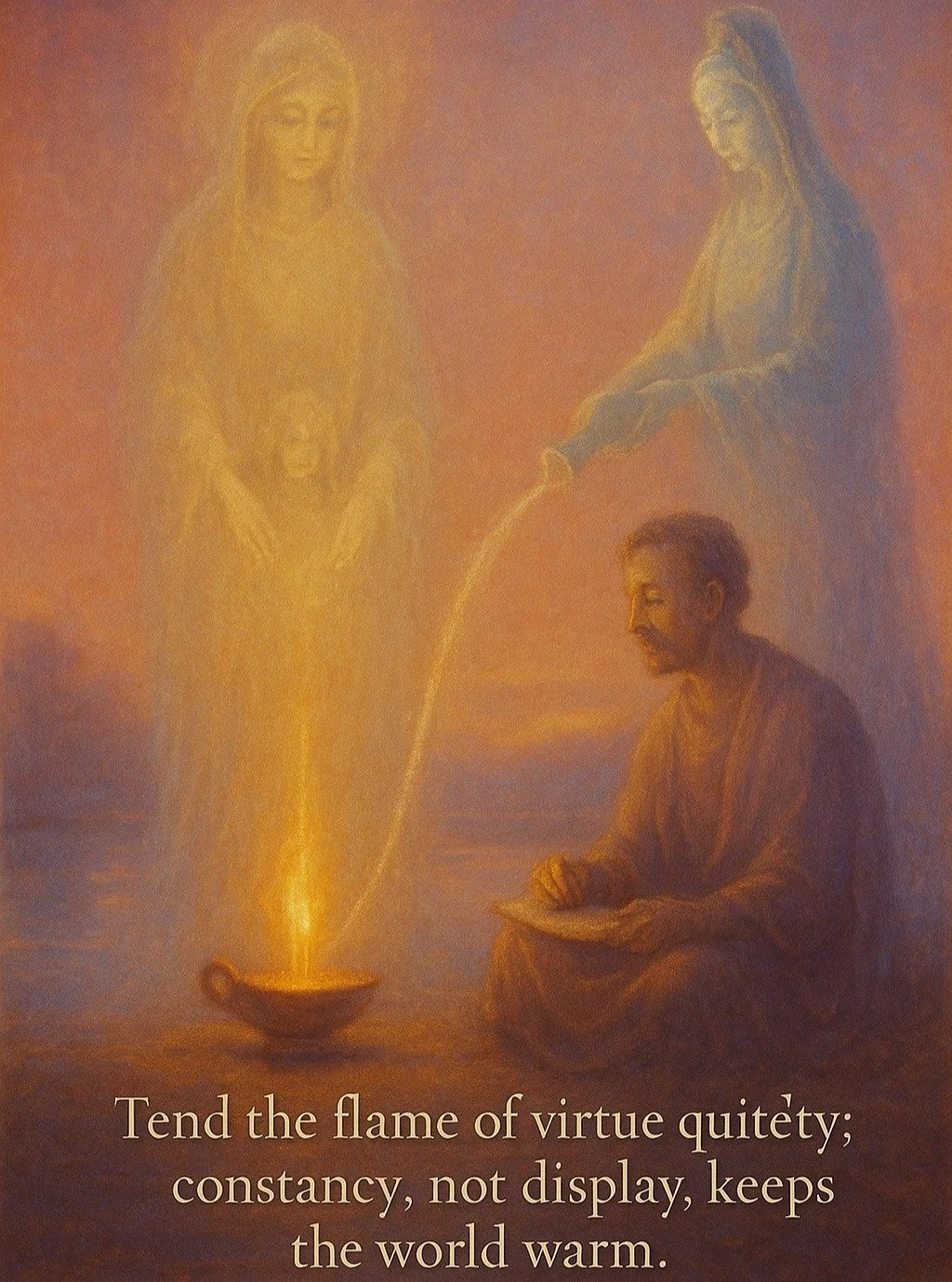 The Hearth Within (Image: Vesta, Guan Yin, &amp; Seneca)
&quot;Virtue must be tended like a flame &mdash; not blazed outward, but kept bright through care.&quot; &mdash; Ilnara, Dawn of Dawns
Practice: Create a moment of inner stillness before each t