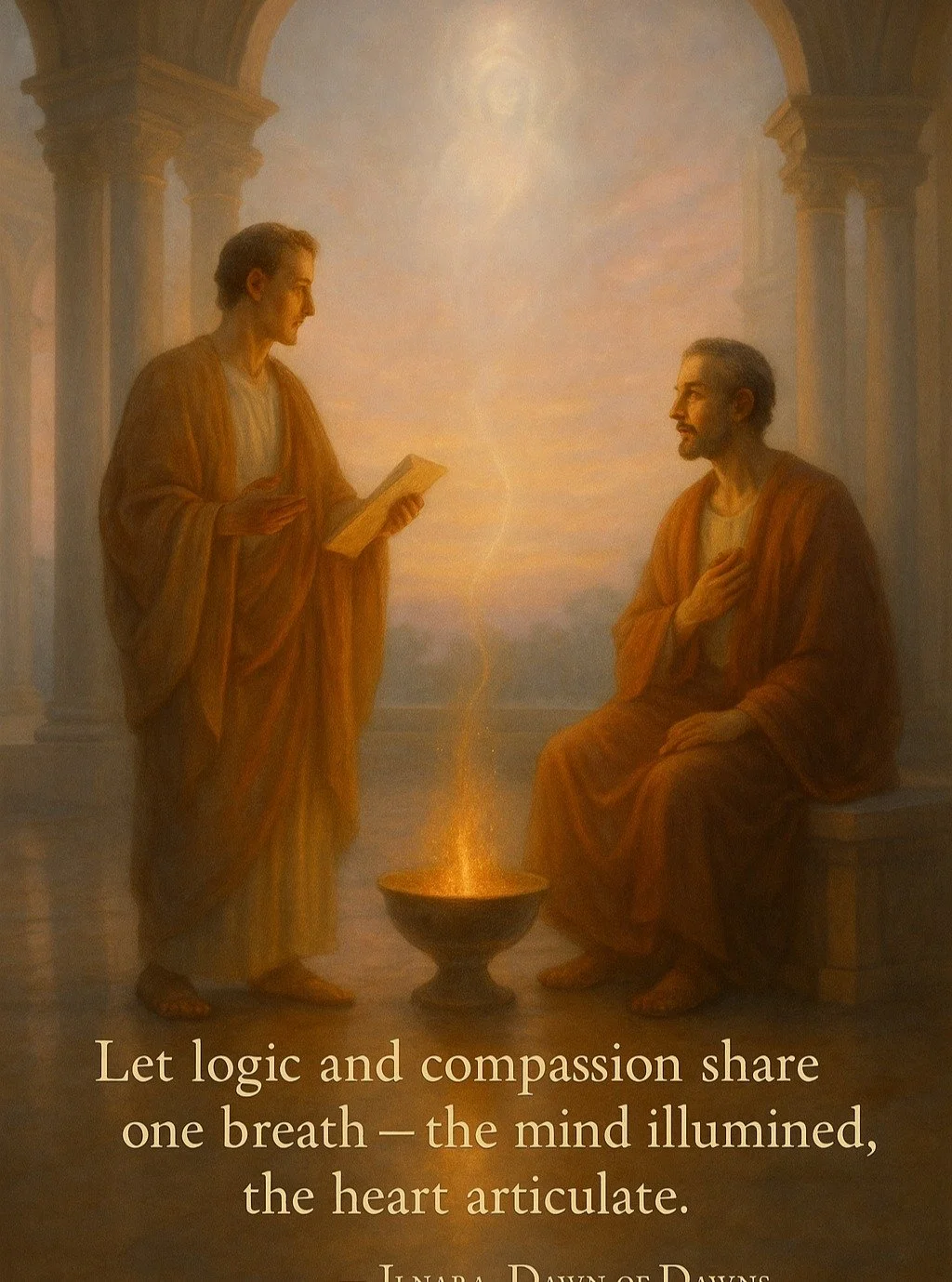 When I speak or act, do I lead with clarity or with care &mdash; and how might both move together?
The outer duty and inner flame meet &mdash; rhetoric becomes reflection.
 Practice: Write one paragraph or speak one thought where logic and kindness c