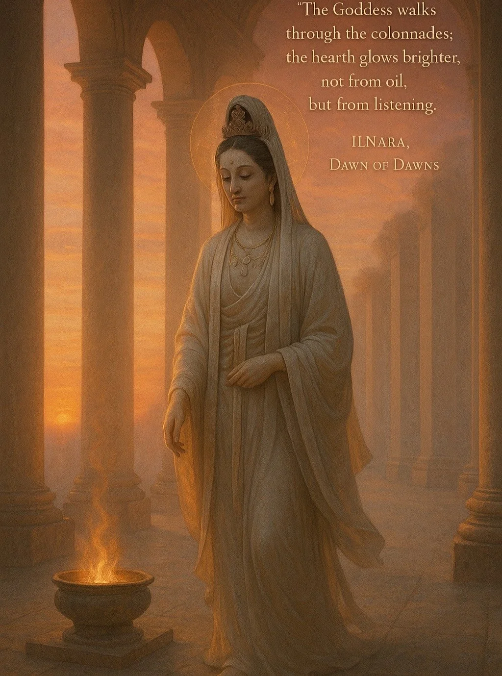 Mother Guan Yin Enters
Mercy as the invisible law.
&ldquo;The Goddess walks through the colonnades; the hearth glows brighter, not from oil, but from listening.&rdquo; &mdash; Ilnara, Dawn of Dawns

Practice: Listen without formulating a response.
Sy