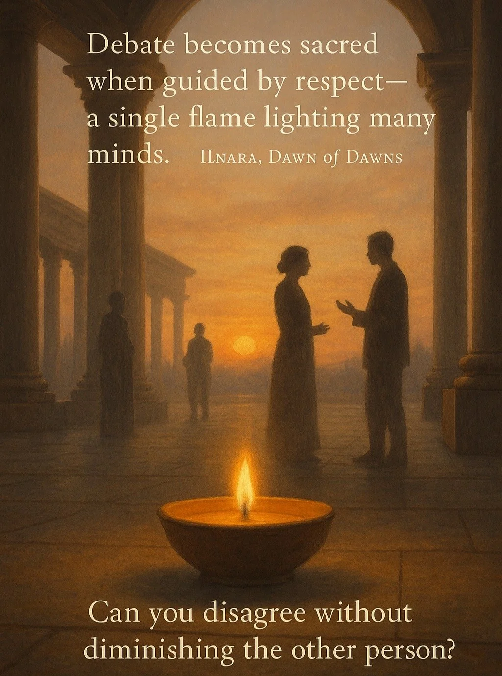 The Candle of the Forum

Debate becomes sacred when guided by respect &mdash; a single flame lighting many minds. &mdash; Ilnara, Dawn of Dawns

In ancient Rome, debate was held beneath the open sky&mdash;voices rising like sparks from one shared fir