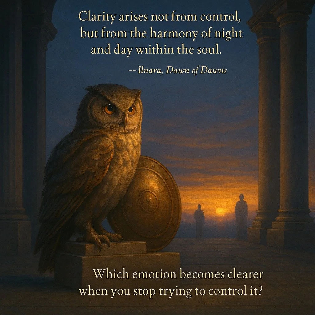 Minerva&rsquo;s Descent
Wisdom descends not with thunder,
but with a calm, steady gaze. Minerva&rsquo;s owl sees both day and night&mdash;for clarity is born not from control, but from balance.
In this quiet hour, she invites you to see yourself not 