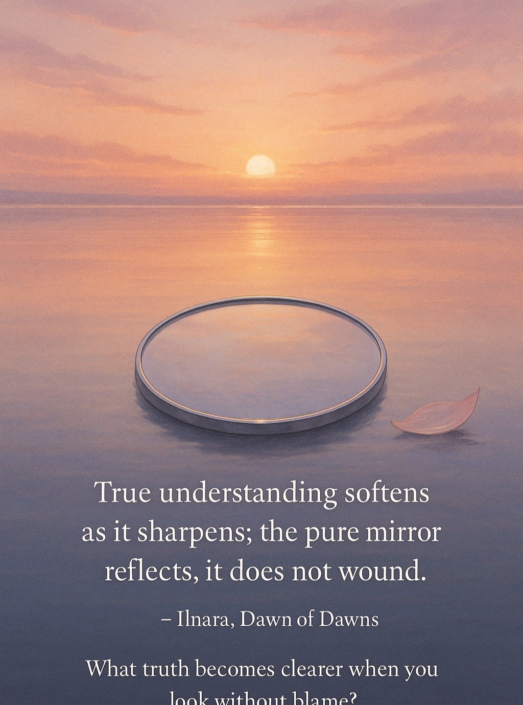 What truth becomes clearer when you look without blame?
The mind of wisdom meets the heart of mercy. 
Practice: Revisit a past error with gentleness; let understanding, not shame, be your tutor. Symbol: Silver mirror floating on calm water. Virtue: H