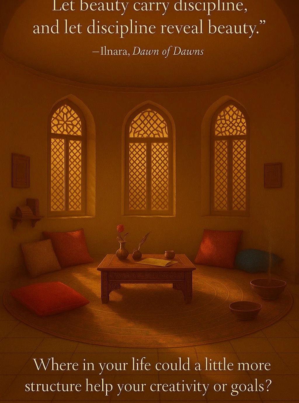 "Let Beauty carry discipline, and let discipline reveal beauty." 
 &mdash;Ilnara, Dawn of Dawns

#BeautyandDiscipline #CreativeSanctuary #IntentionalLiving #AlignedSpaces #Architecture #OttomanAesthetic #DawnWisdom