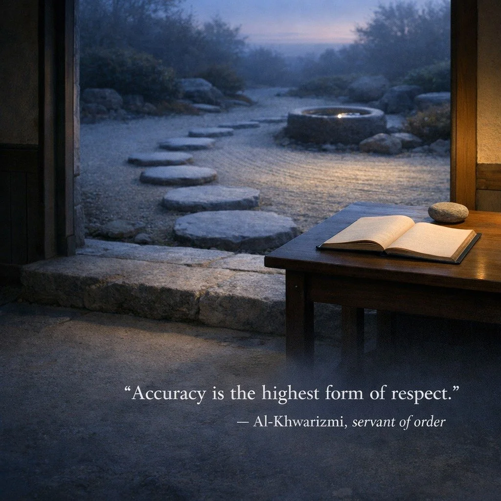 Al-Khwarizmi, The Servant of Order
Muhammad ibn Mūsā al-Khwarizmi&mdash;
a servant of knowledge, a keeper of methods, a translator of wisdom across tongues and centuries. Father of Algebra (al jabr) which means "restoration" the restoration