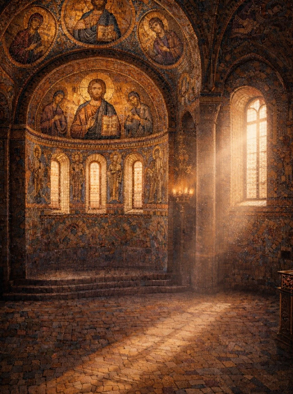 A mosaic does not reflect light.
It scatters it &mdash;
like the divine made many.

#DaphneMonastery #Byzantine #DivineLight